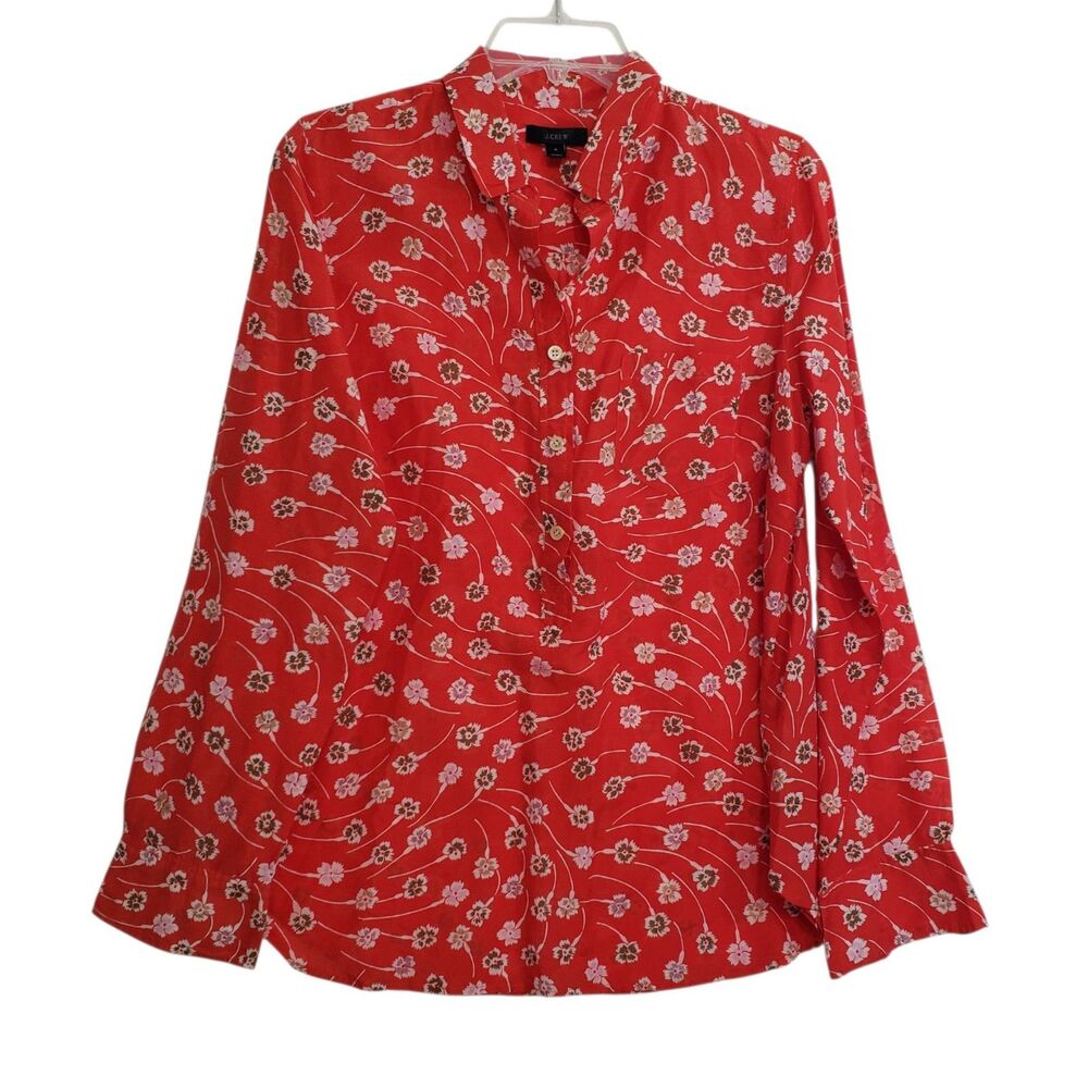J. Crew Women's Red Floral Print Long Sleeve Button Down Blouse, Size 8